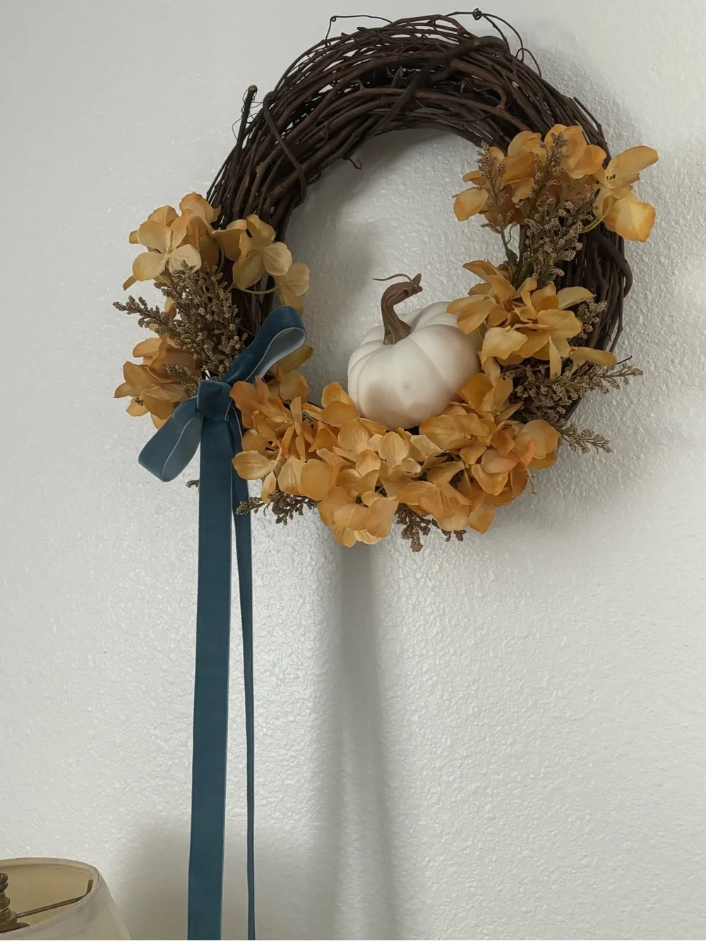 Autumn Hydrangeas Fall Harvest Wreath Pumpkin w/Blue Med Sized Custom Final Sale